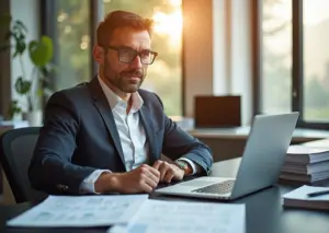 Индивидуальный предприниматель за работой с отчетами по грантам и субсидиям в офисе