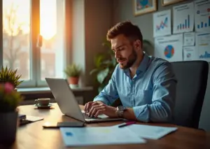 Индивидуальный предприниматель в офисе с символами государственной поддержки в России 2026 года