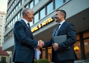 Индивидуальный предприниматель из России подписывает документы на субсидии для классификации отеля на фоне гостиничного здания