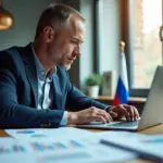 Предприниматель составляет бизнес-план для гранта на столе с документами и ноутбуком, на фоне виден российский флаг и офисная обстановка
