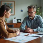 Предприниматель и сотрудник социальной защиты обсуждают бизнес-план и смету расходов по социальному контракту, на столе чеки и оборудование