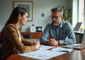 Предприниматель и сотрудник социальной защиты обсуждают бизнес-план и смету расходов по социальному контракту, на столе чеки и оборудование