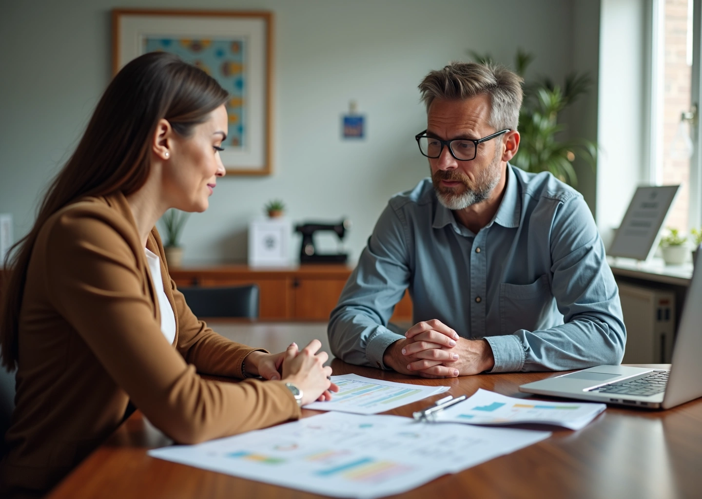 Предприниматель и сотрудник социальной защиты обсуждают бизнес-план и смету расходов по социальному контракту, на столе чеки и оборудование
