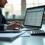 Предприниматель за ноутбуком с документами заявки на федеральный грант, печать и смета на столе, фон — офис центра поддержки предпринимательства