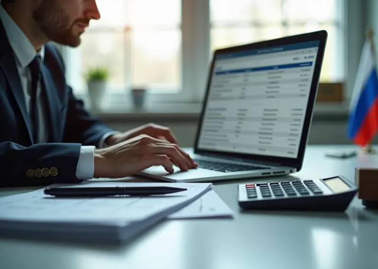 Предприниматель за ноутбуком с документами заявки на федеральный грант, печать и смета на столе, фон — офис центра поддержки предпринимательства