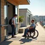 Владелец туристического объекта помогает туристу в инвалидной коляске у доступного входа с пандусом и тактильной навигацией