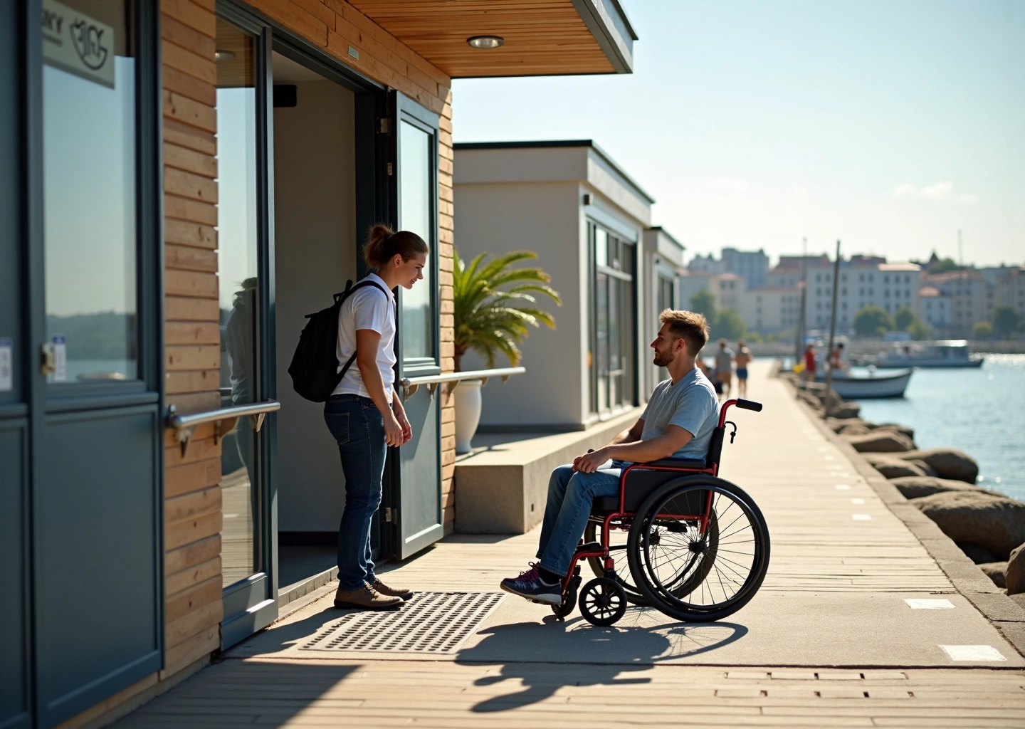 Владелец туристического объекта помогает туристу в инвалидной коляске у доступного входа с пандусом и тактильной навигацией