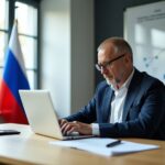 Индивидуальный предприниматель за столом с документами и компьютером, на экране сайты государственных порталов и пометка Грант 2026