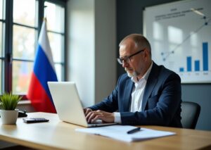 Индивидуальный предприниматель за столом с документами и компьютером, на экране сайты государственных порталов и пометка Грант 2026