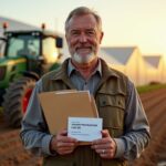 Фермер на фоне теплицы и техники держит папку с документами с надписью Агростартап 3 000 000 ₽