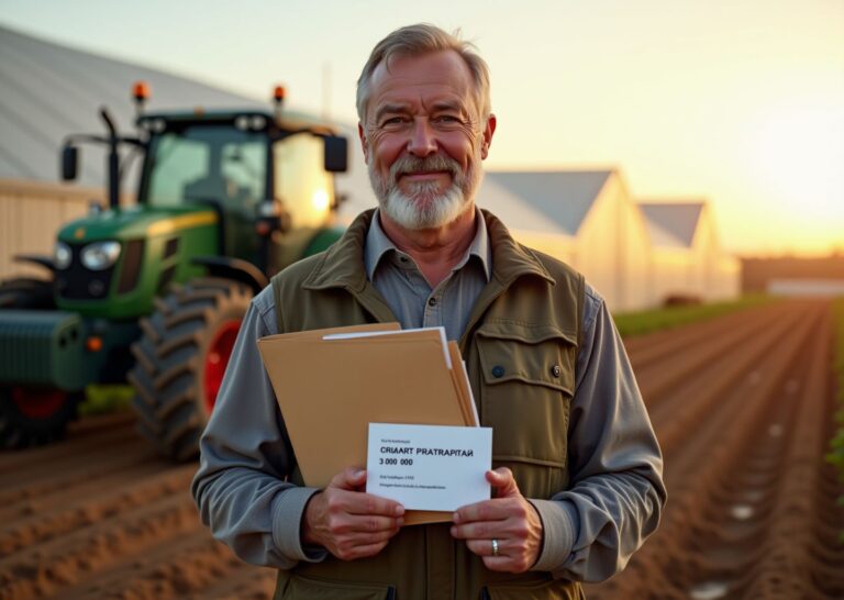 Фермер на фоне теплицы и техники держит папку с документами с надписью Агростартап 3 000 000 ₽