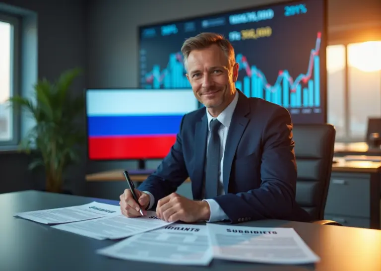 Индивидуальный предприниматель в офисе с документами по субсидиям, налогам и государственным программам на фоне российского флага