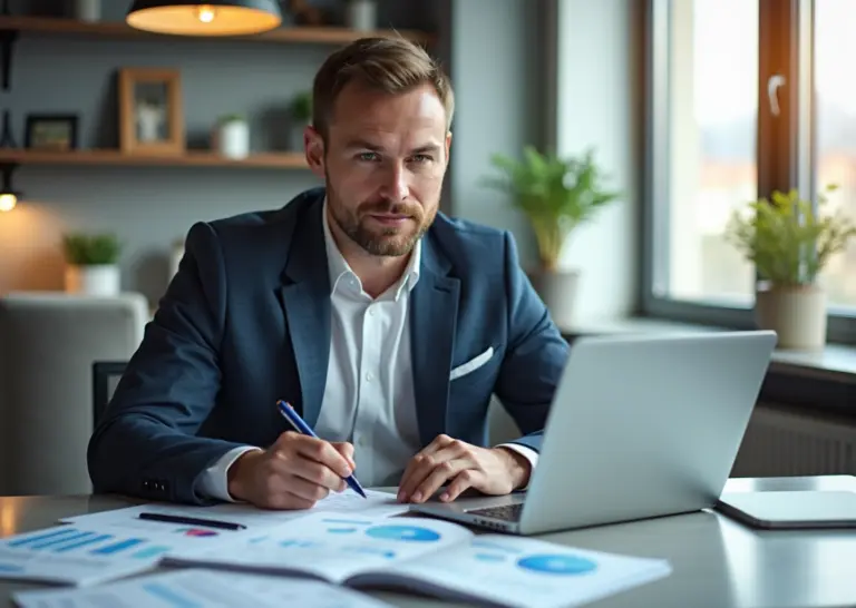 Индивидуальный предприниматель за рабочим столом с документами и ноутбуком, иллюстрирующий субсидии, гранты и налоговые льготы в России
