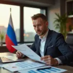 Российский индивидуальный предприниматель за работой с документами о субсидиях и грантах на фоне символов успеха и государственной поддержки