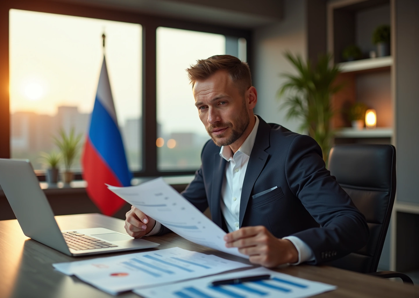 Российский индивидуальный предприниматель за работой с документами о субсидиях и грантах на фоне символов успеха и государственной поддержки