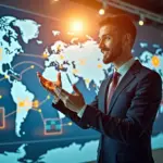 Индивидуальный предприниматель в России, готовящий экспортный товар с символами государственной поддержки и международного рынка