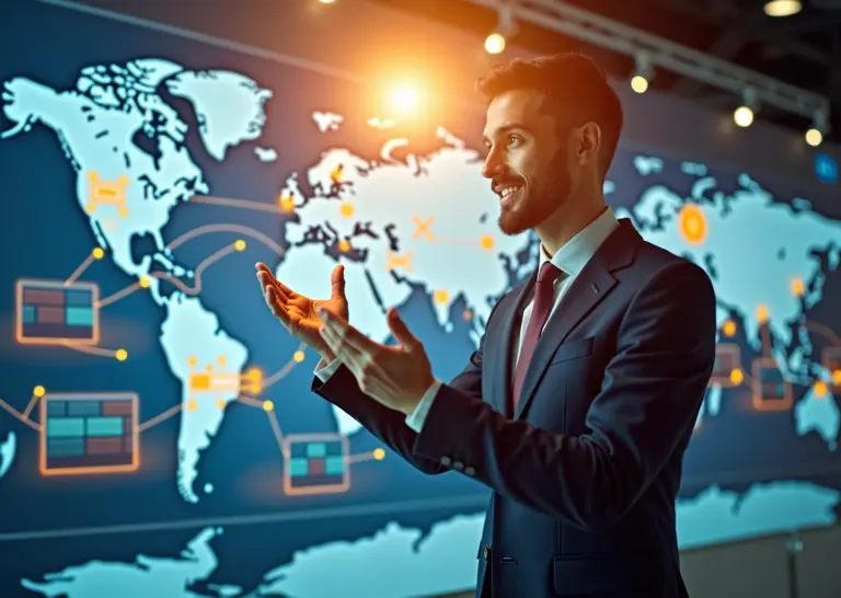 Индивидуальный предприниматель в России, готовящий экспортный товар с символами государственной поддержки и международного рынка