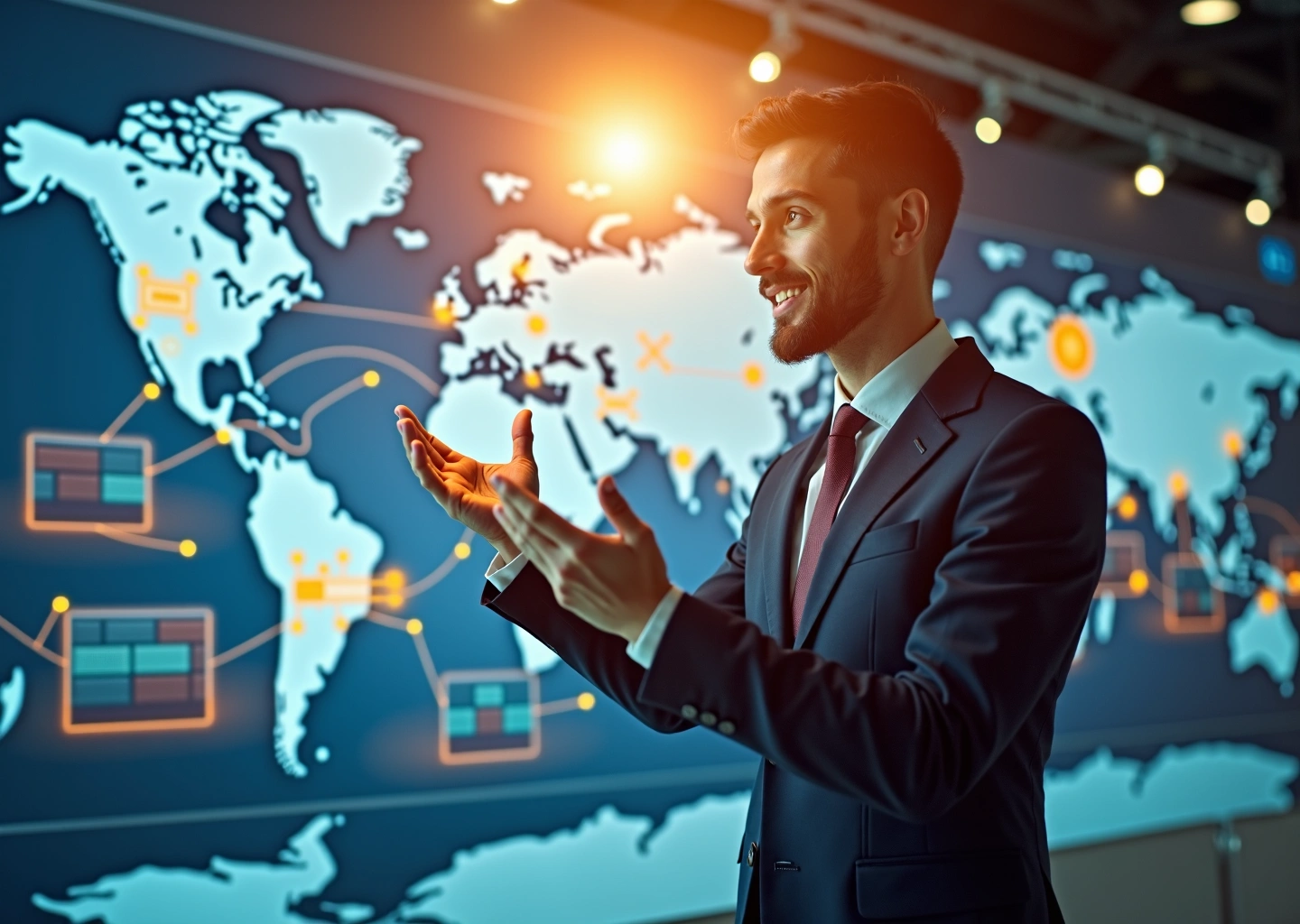 Индивидуальный предприниматель в России, готовящий экспортный товар с символами государственной поддержки и международного рынка