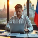 Молодой российский предприниматель работает за столом с документами о грантах, субсидиях и льготах на фоне российского флага и государственных зданий