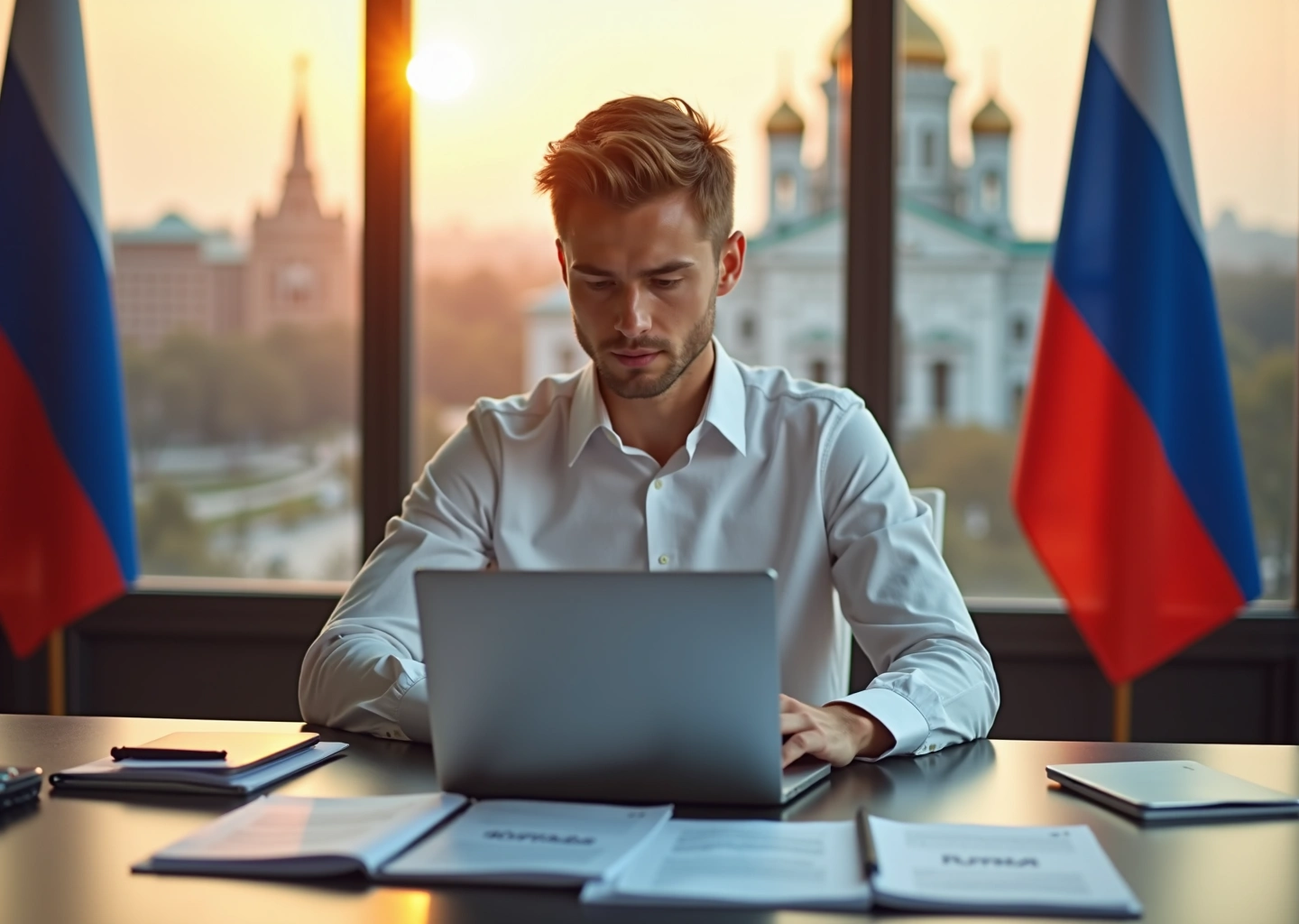 Молодой российский предприниматель работает за столом с документами о грантах, субсидиях и льготах на фоне российского флага и государственных зданий