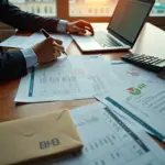 Индивидуальный предприниматель просматривает чеки, договора и акты у ноутбука, на столе калькулятор и банковские документы, на фоне едва заметный российский флаг