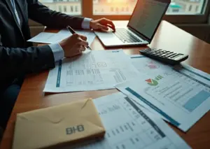 Индивидуальный предприниматель просматривает чеки, договора и акты у ноутбука, на столе калькулятор и банковские документы, на фоне едва заметный российский флаг