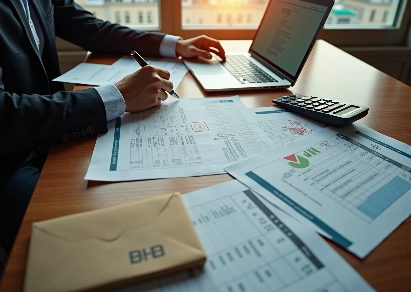 Индивидуальный предприниматель просматривает чеки, договора и акты у ноутбука, на столе калькулятор и банковские документы, на фоне едва заметный российский флаг